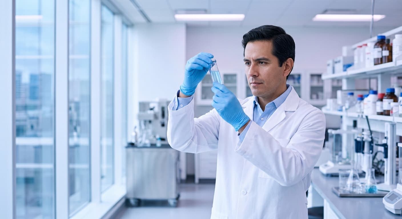 Profesional farmacéutico inspeccionando productos en un laboratorio moderno